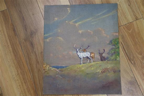 Allen William Seaby (1867-1953), New Forest - The White Buck in the Open, signed, mixed media on linen, 46cm x 38.5cm, unframed,
